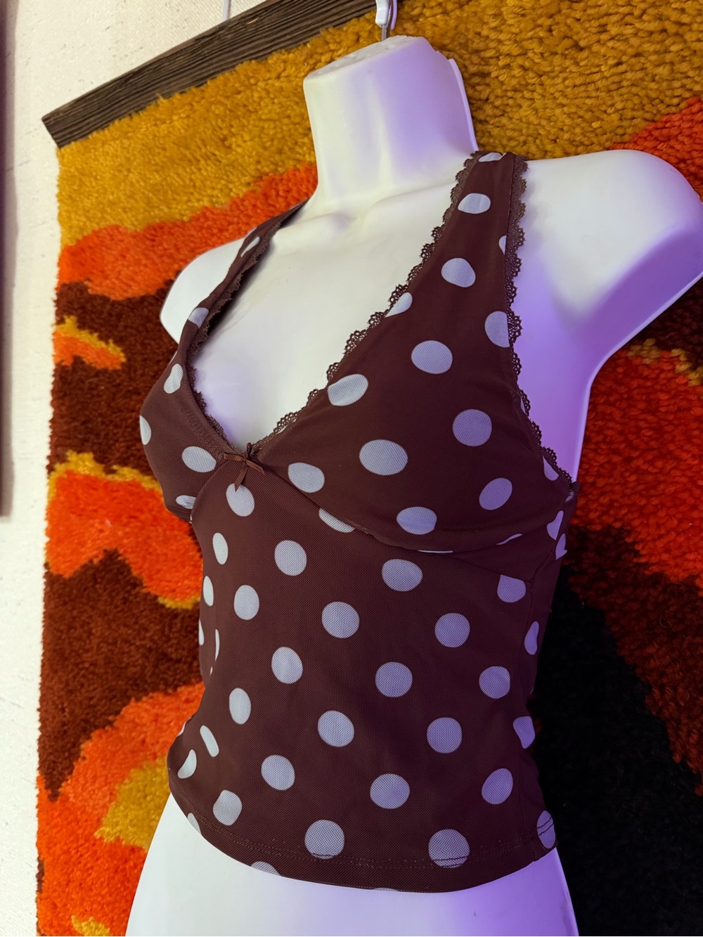 Polka Dot Brown Tank Top with Lace Trim - Picture 2 of 3